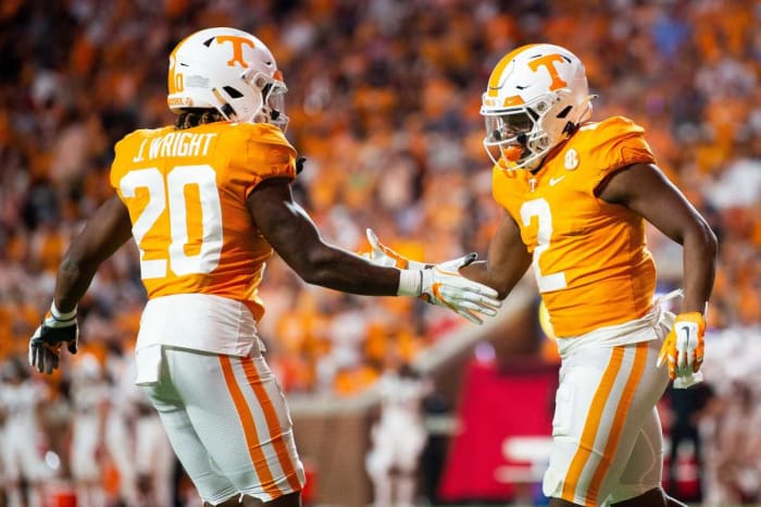 Tennessee RBs Jaylen Wright and Jabari Small celebrating during the Vols' win over Ball State in Knoxville, Tennessee, on September 1, 2022. (Photo by Brianna Paciorka of the News Sentinel)
